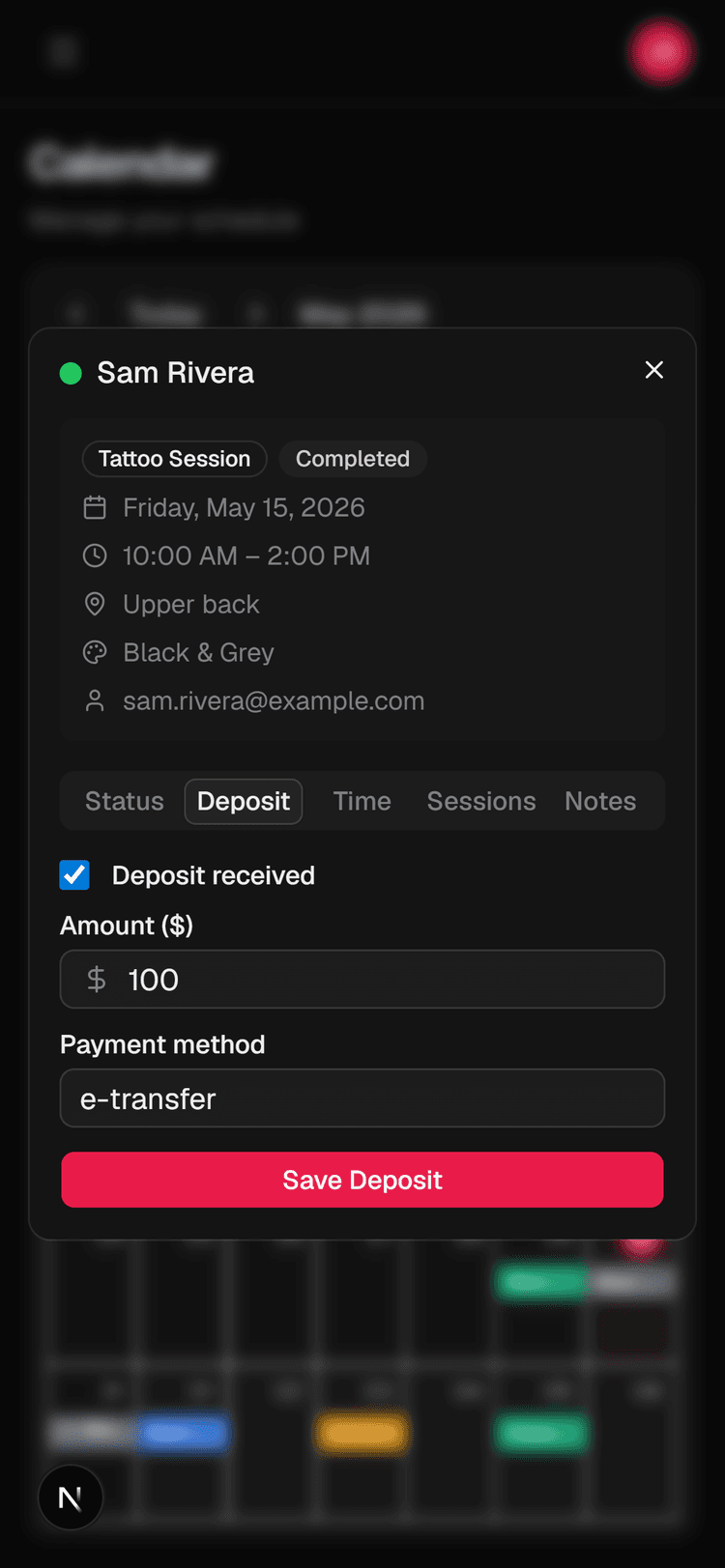 Appointment deposit tracking tab