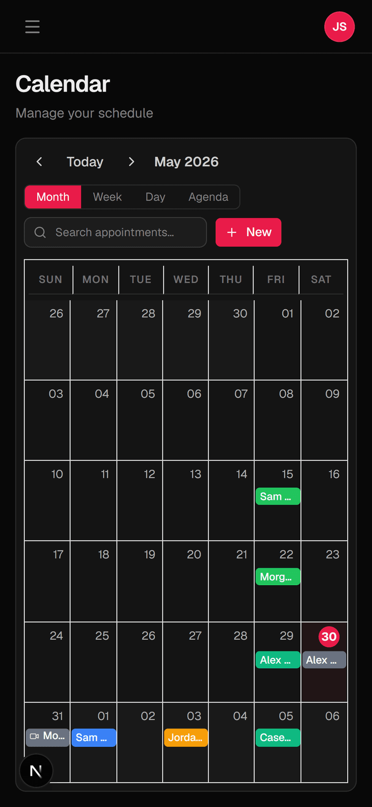 Calendar view with color-coded appointments and availability