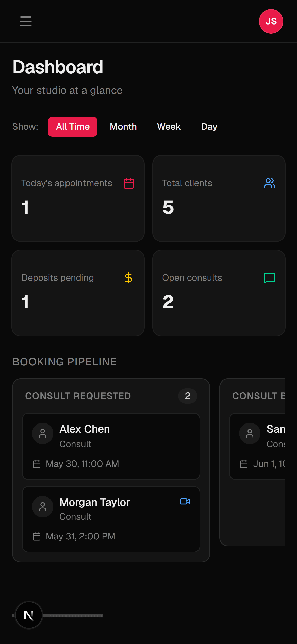 Tattoo Ledger dashboard showing appointment kanban board