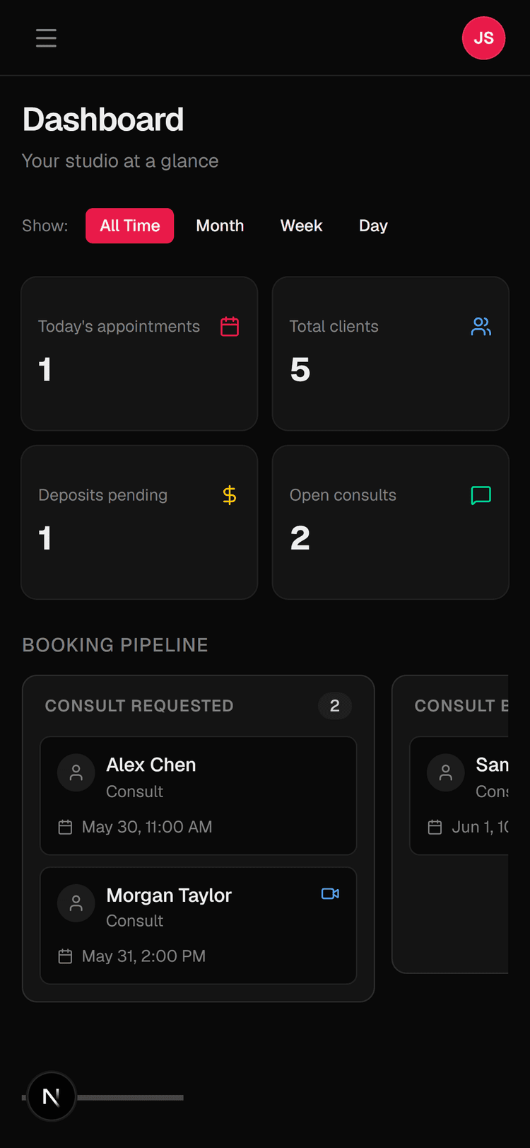 Dashboard kanban board showing appointment workflow stages
