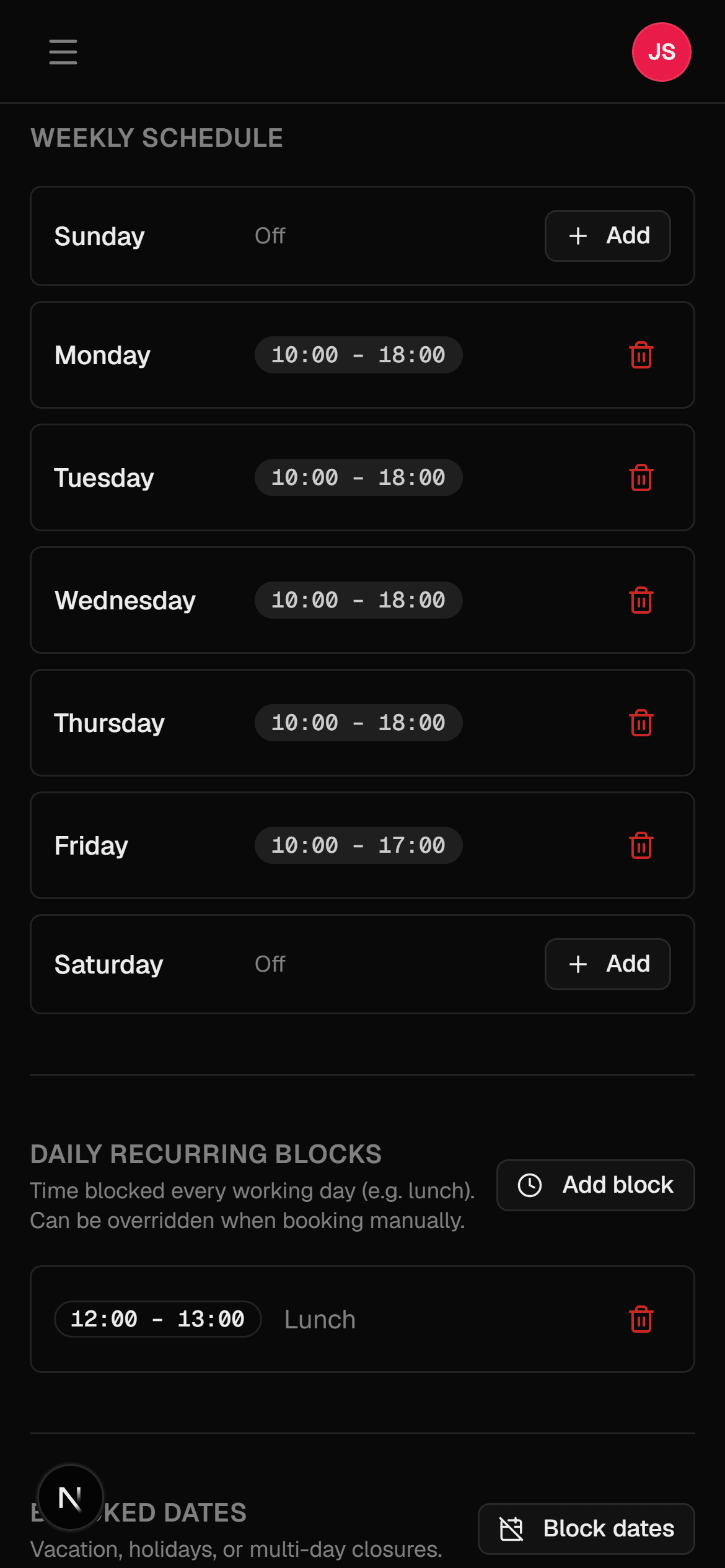 Artist availability settings with weekly schedule and blocked dates