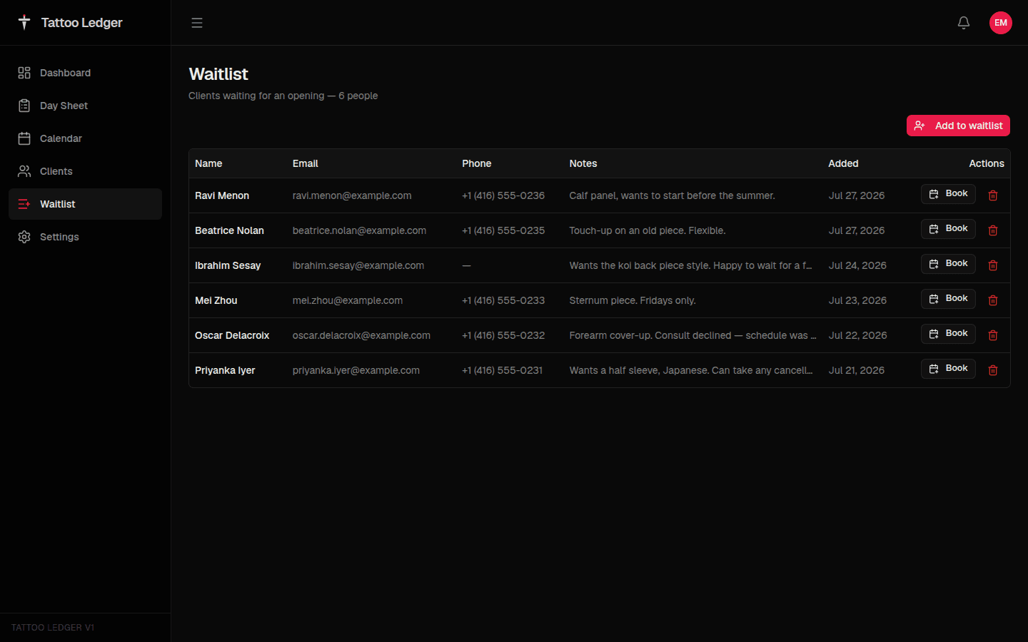 Waitlist management view with client requests and dates