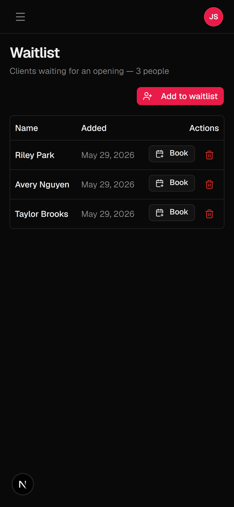 Client waitlist management view